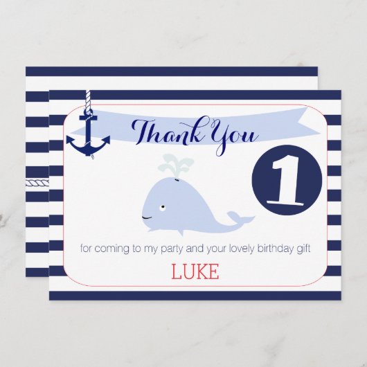 Whale Nautical 1e verjaardag Dank u voor de platte Bedankkaart (Voorkant / Achterkant)