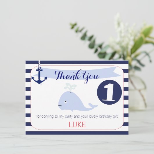 Whale Nautical 1e verjaardag Dank u voor de platte Bedankkaart (Staand voorkant)