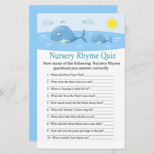 Whale Nursery Rhyme Quiz baby shower game (Voorkant / Achterkant)