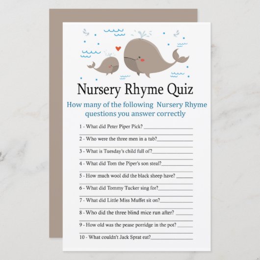 Whale Nursery Rhyme Quiz baby shower game (Voorkant / Achterkant)