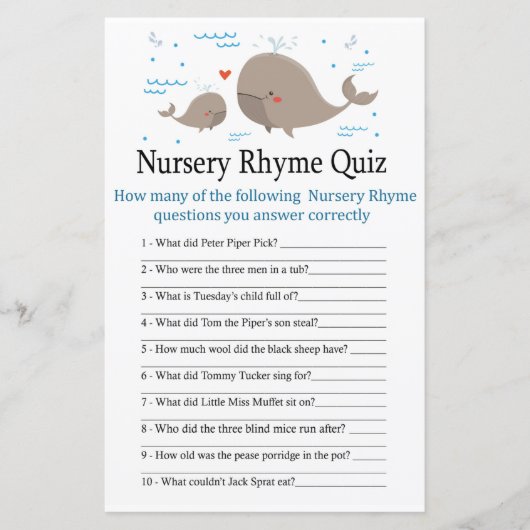 Whale Nursery Rhyme Quiz baby shower game (Voorkant)
