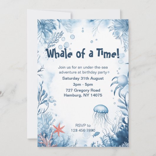 Whale of a Time Ocean Kids Verjaardag Uitnodiging (Achterkant)