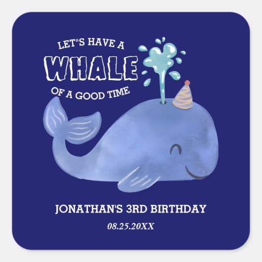 Whale of a Time Schattige Party Pet Navy Birthday Vierkante Sticker (Voorkant)