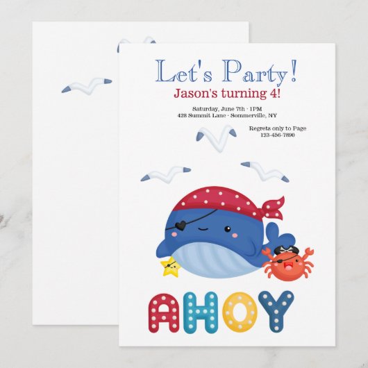 Whale Pirate Birthday Party Kaart (Voorkant / Achterkant)