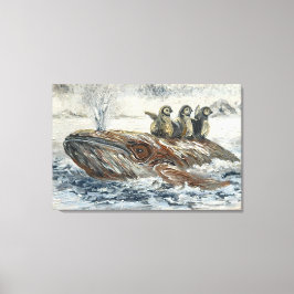 Whale Riders Whimsical Whale and Penguin Ocean Canvas Afdruk