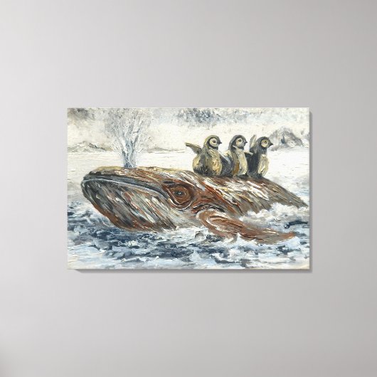 Whale Riders Whimsical Whale and Penguin Ocean Canvas Afdruk (Voorkant)