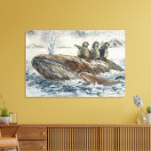 Whale Riders Whimsical Whale and Penguin Ocean Canvas Afdruk (Insitu (Woonkamer))