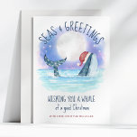 Whale Santa Zee Moon en sterren Kerstmis Feestdagenkaart<br><div class="desc">De Nautical humor Kerstkaart is voorzien van een waterverf walvis met een kersthoed die in het zee onder een magische maan zwemt en sterren met een snaarlicht dat zijn staart versiert. De "Zeeen & groeten" en "Een walvis met een goede kerstdag" begroeten, samen met de naam, kunnen gepersonaliseerd worden. Art...</div>