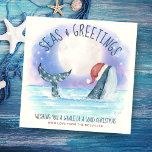 Whale Santa zee Moon & Stars Nautical Kerstmis Feestdagenkaart<br><div class="desc">De Nautical humor Kerstkaart is voorzien van een waterverf walvis met een kersthoed die in het zee onder een magische maan zwemt en sterren met een snaarlicht dat zijn staart versiert. De "Zeeen & groeten" en "Een walvis met een goede kerstdag" begroeten, samen met de naam, kunnen gepersonaliseerd worden. Art...</div>