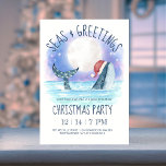 Whale Santa Zee Nautical kerstparty Kaart<br><div class="desc">De Nautical Kerstparty nodigt gasten uit om "een WALE van een goede tijd" te komen en heeft een waterverf walvis die een kerstman draagt die in het zee onder een magische maan zwemt en sterren met festieve snaarlichten die zijn staart versieren. De titel "Zeeen & groeten" en de partijgegevens kunnen...</div>