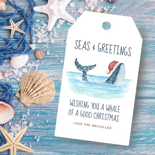 Whale Santa Zee Waterverf Nautical Kerstmis Cadeaulabel
