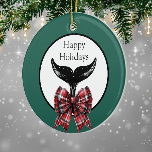 Whale Tail en Plaid Bow Zwart Wit Kerstmis Keramisch Ornament