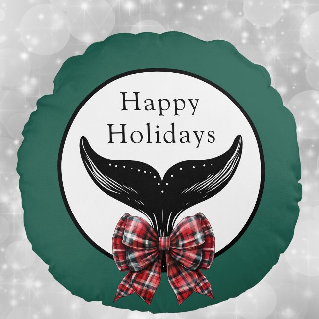 Whale Tail en Plaid Bow Zwart Wit Kerstmis Rond Kussen (Creator heeft geüpload)