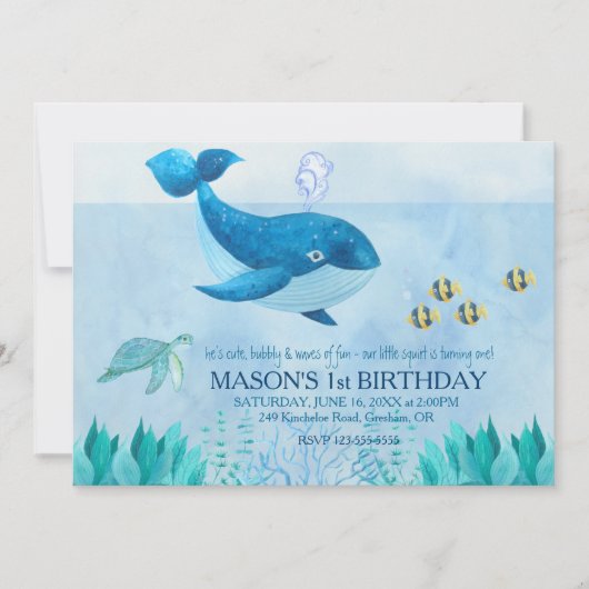 Whale Theme Eerste Verjaardag Uitnodiging (Voorkant)