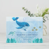 Whale Theme Eerste Verjaardag Uitnodiging (Staand voorkant)