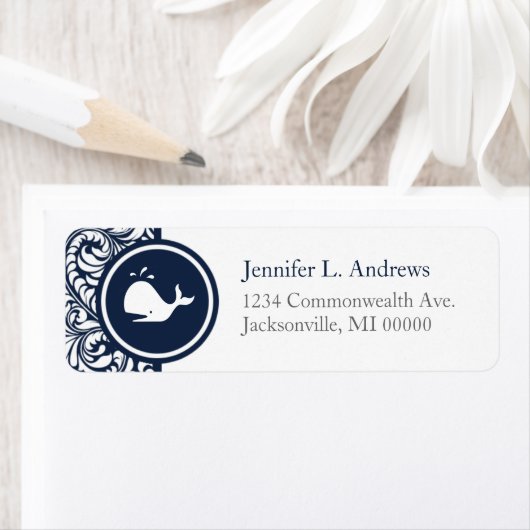 Whale Theme Navy Blue White Damask Beach Weddings Etiket (Insitu)