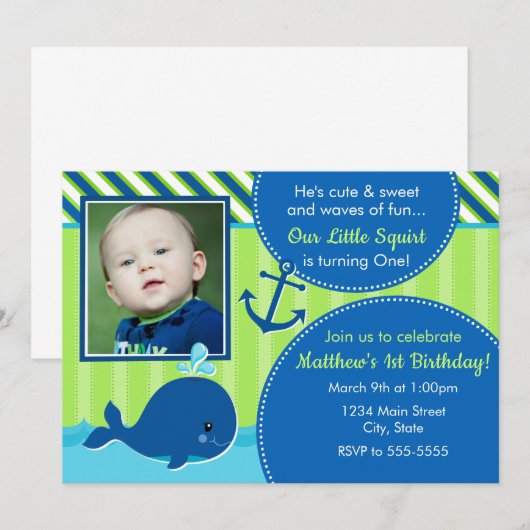 Whale Verjaardag Uitnodiging 5x7 1e Verjaardag (Voorkant / Achterkant)