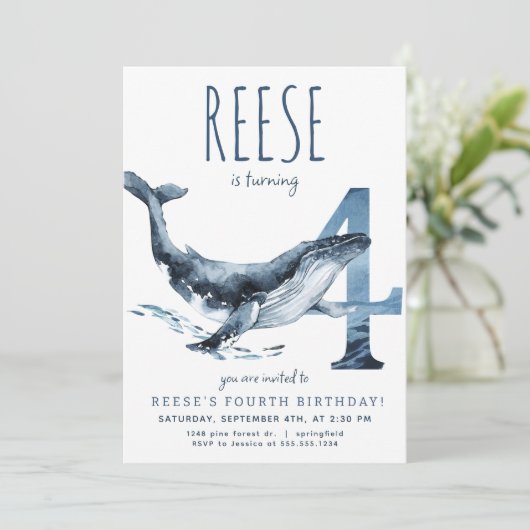 Whale Vierde Verjaardag Uitnodiging (Staand voorkant)