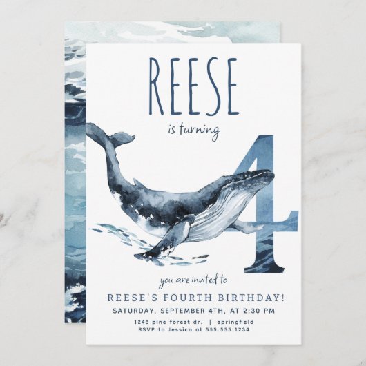 Whale Vierde Verjaardag Uitnodiging (Voorkant / Achterkant)