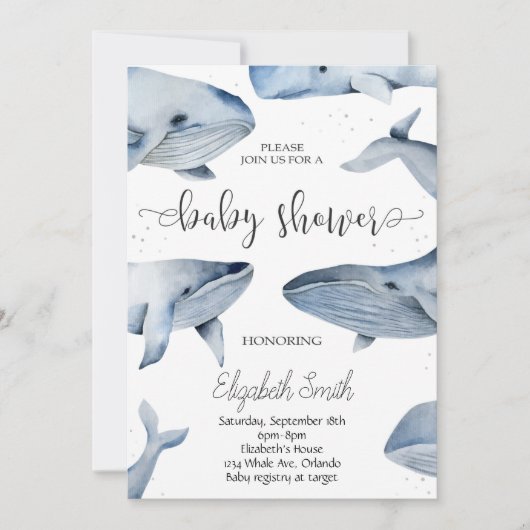 Whale Waterverf Baby shower uitnodigen Kaart (Voorkant)