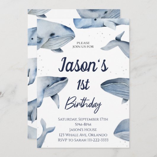 Whale Waterverf Verjaardagsuitnodiging Kaart (Voorkant / Achterkant)