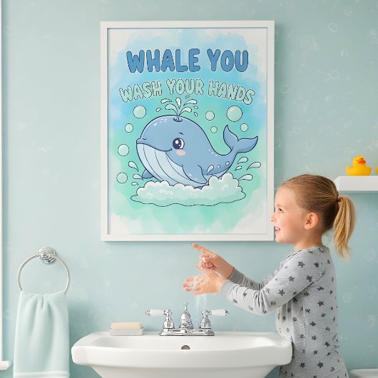 Whale You Wash Your Hands Kids Bathroom Wall Art Poster