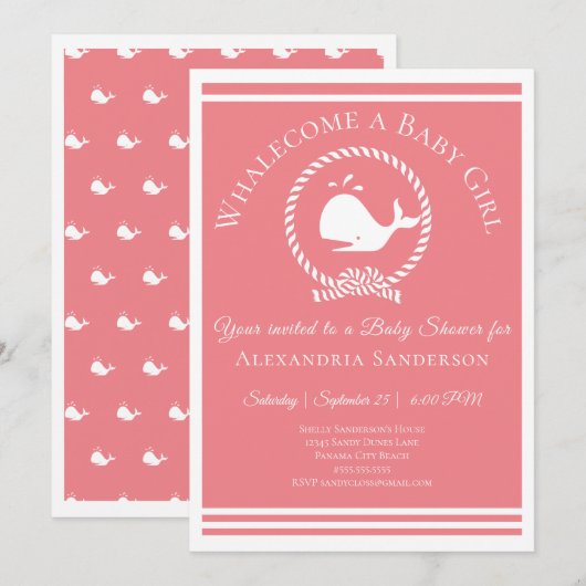 Whalecome a Baby girl Notical Shower Invitation Kaart (Voorkant / Achterkant)