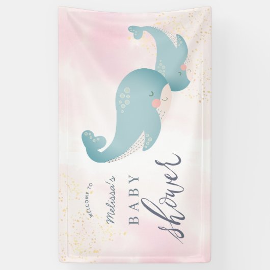 Whales Waterverf Roze Girl Baby shower Welkom Spandoek (Verticaal)