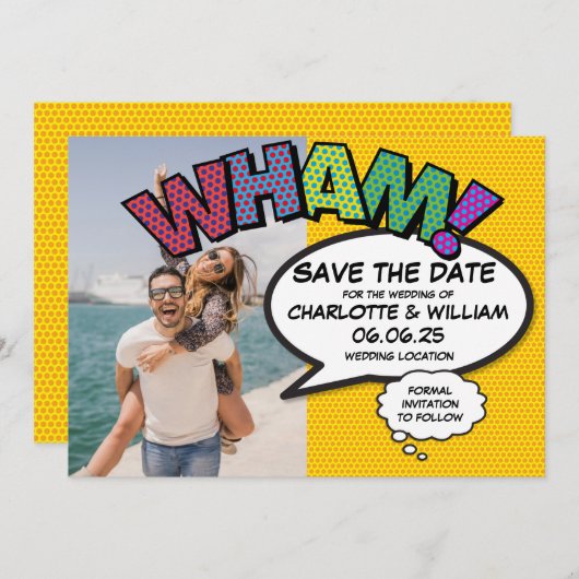 WHAM Foto Bewaar de datum Fun Retro Comic Book Save The Date (Voorkant / Achterkant)