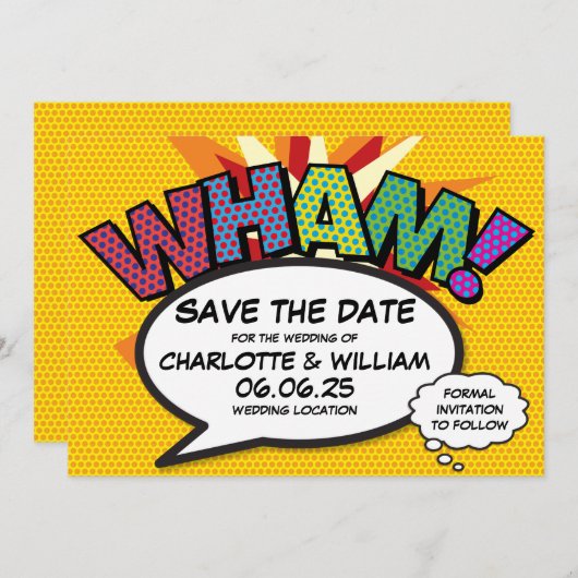 WHAM Reddingsdatum Fun Retro Strip Pop Art Save The Date (Voorkant / Achterkant)