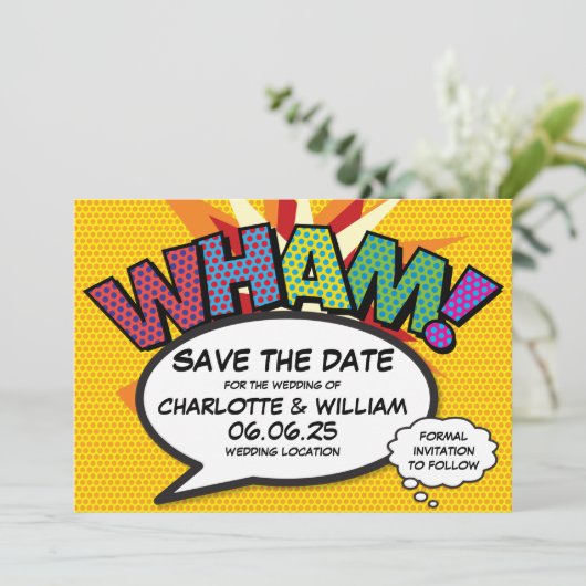 WHAM Save the Date Fun Retro Comic Book Pop Art (Staand voorkant)