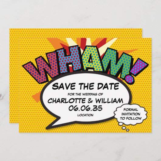 WHAM Save the Date Fun Retro Comic Book Pop Art Kaart (Voorkant / Achterkant)