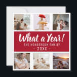 What A Year! Foto van Collage Christmas Feestdagenkaart<br><div class="desc">Spread some christmas cheer to your friends and familiy with these gorgeous foto christmas cards. Featuring 6 fotographs,  a deep berry red banner,  with white text that reads,  'What a Year!',  the family name and the date.</div>