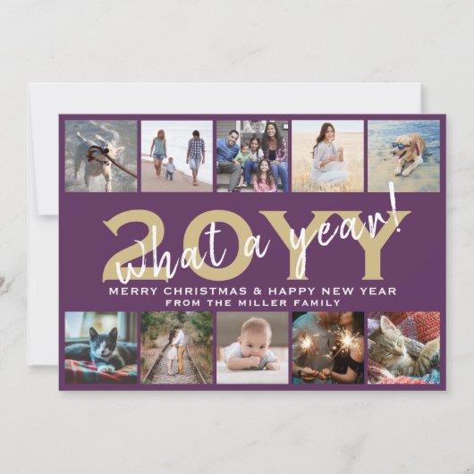 What a Year! Modern 10 Photo Collage Purple & Gold Feestdagenkaart (Voorkant)