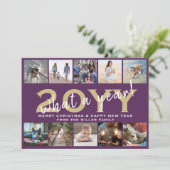 What a Year! Modern 10 Photo Collage Purple & Gold Feestdagenkaart (Staand voorkant)