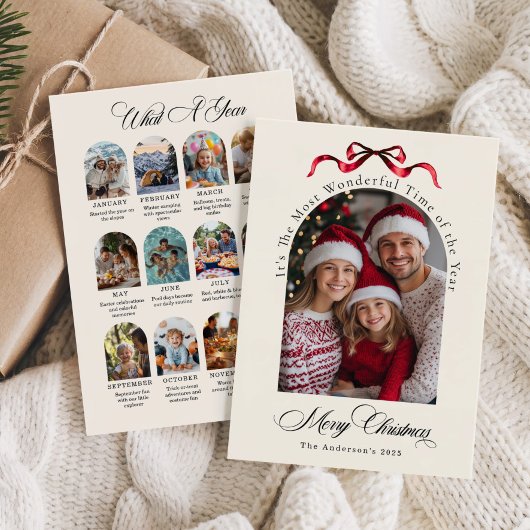 What a Year Red Bow Year in Review Family Photo Feestdagenkaart