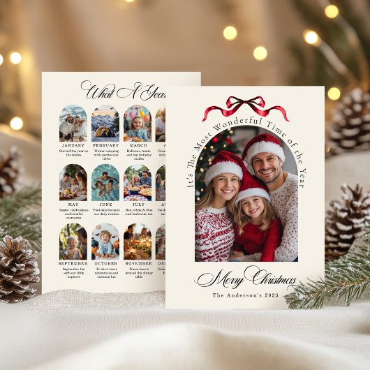 What a Year Red Bow Year in Review Family Photo Feestdagenkaart