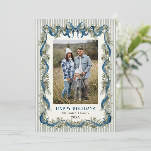 What a Year Sage Green Blue Bow Christmas 13 Photo Feestdagenkaart (Staand voorkant)