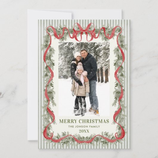 What a Year Sage Green Red Bow Christmas 13 Photo Feestdagenkaart (Voorkant)