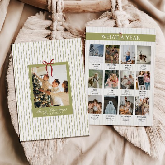 What a Year Striped Green Red Photo Christmas Feestdagenkaart