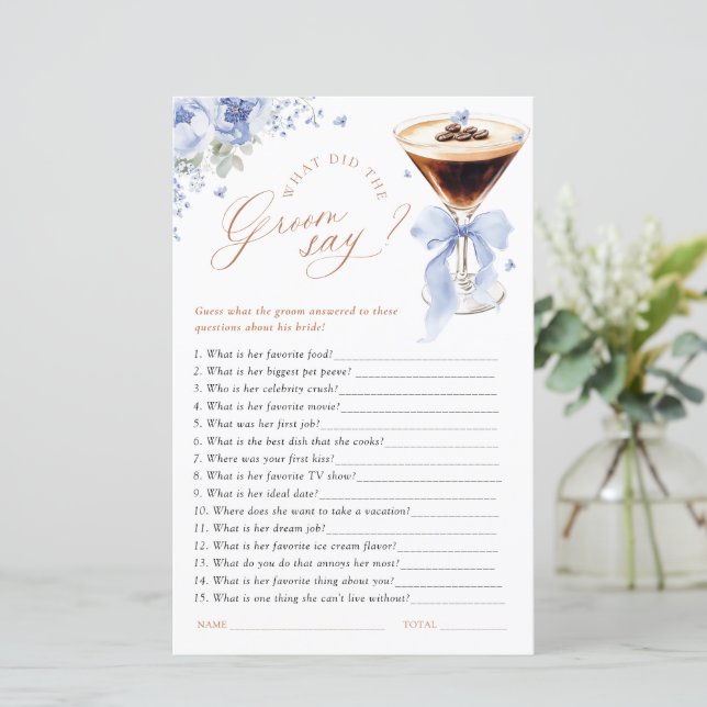 What Did the Groom Say Blue Bow Bridal Shower Game (Staand voorkant)