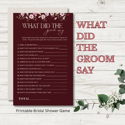 What Did the Groom Say BridalShower Game, Burgundy