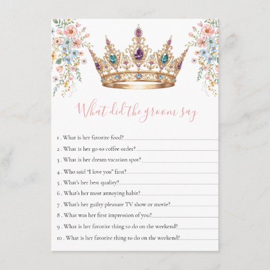 What Did the Groom Say queen Bridal Shower Game Informatiekaartje (Voorkant)