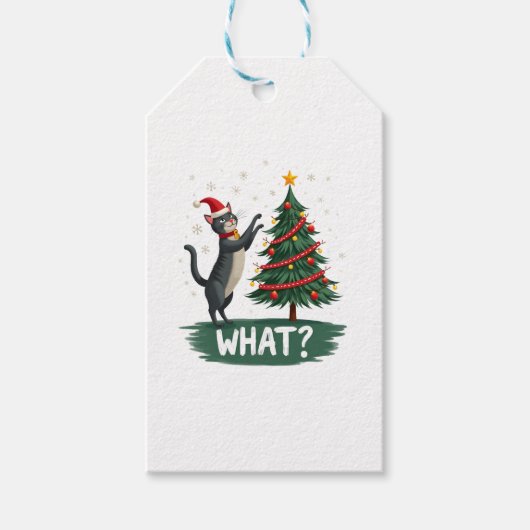 What Funny Cat Pushing Christmas Tree Over Cat Xma Cadeaulabel (Voorkant)