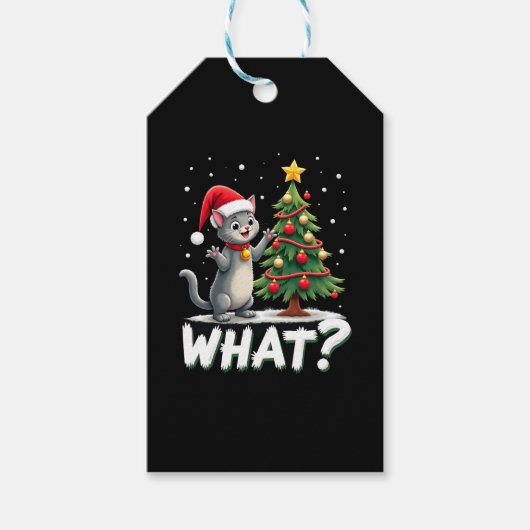 What Funny Cat Pushing Christmas Tree Over Cat Xma Cadeaulabel (Voorkant)