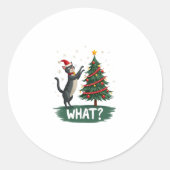 What Funny Cat Pushing Christmas Tree Over Cat Xma Ronde Sticker (Voorkant)