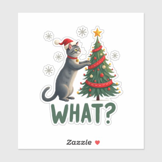 What Funny Cat Pushing Christmas Tree Over Cat Xma Sticker (Vel)