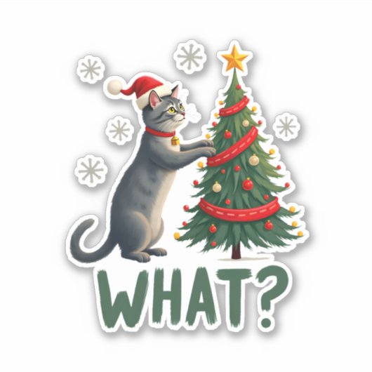 What Funny Cat Pushing Christmas Tree Over Cat Xma Sticker (Voorkant)