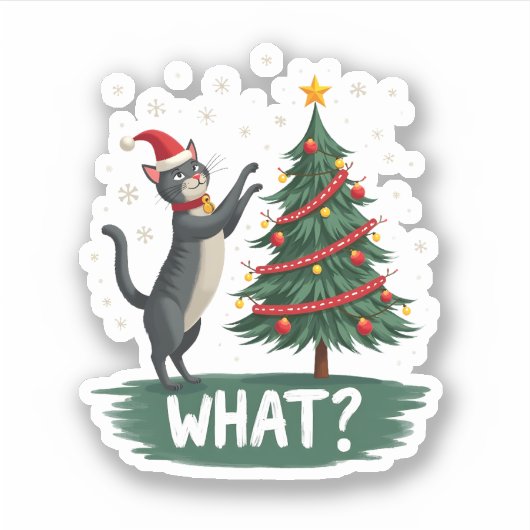 What Funny Cat Pushing Christmas Tree Over Cat Xma Sticker (Voorkant)