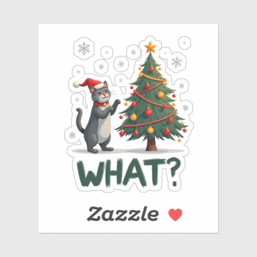 What Funny Cat Pushing Christmas Tree Over Cat Xma Sticker (Vel)